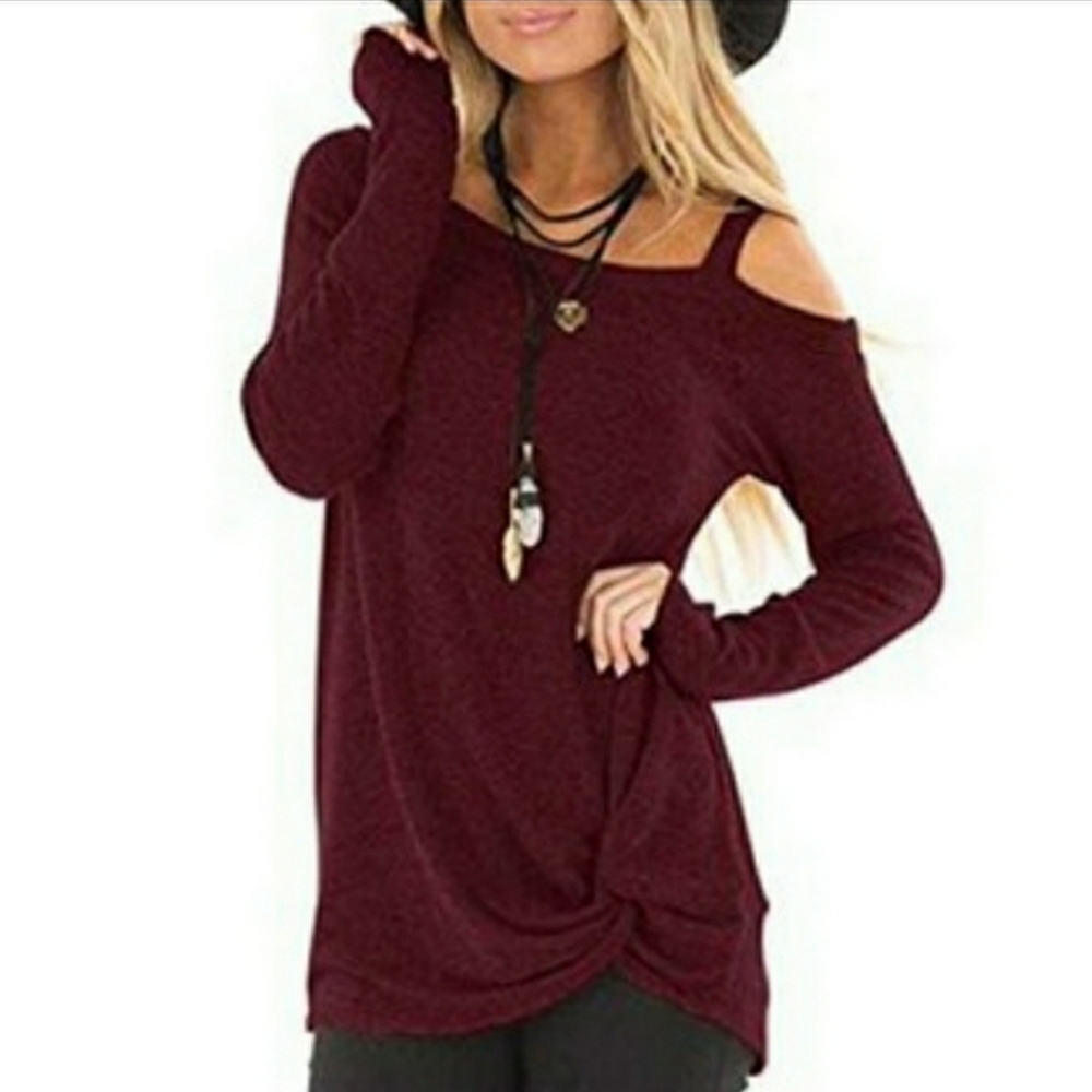 Burgundy Cold Shoulder Knit Long sleeve knot top M